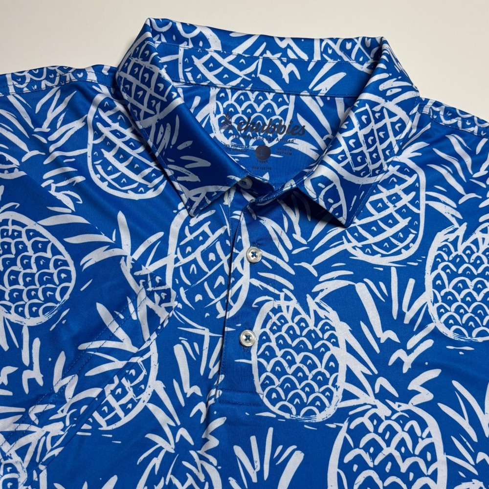 Chubbies Thigh Napple Blue Pineapple Print Mens L Performance Golf Polo Shirt
